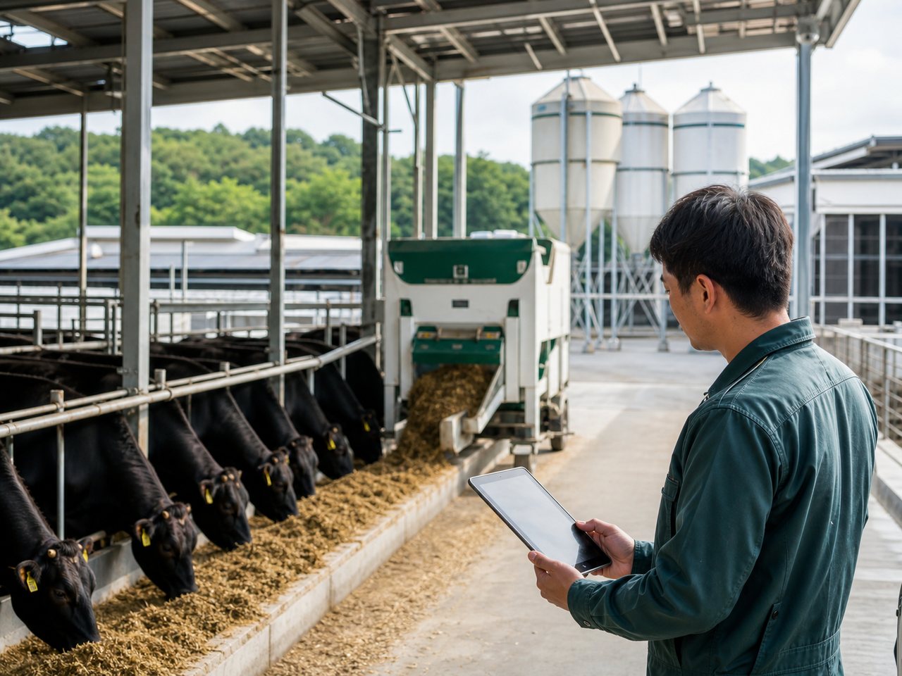牛舎と飼料設備を確認する畜産事業の管理者