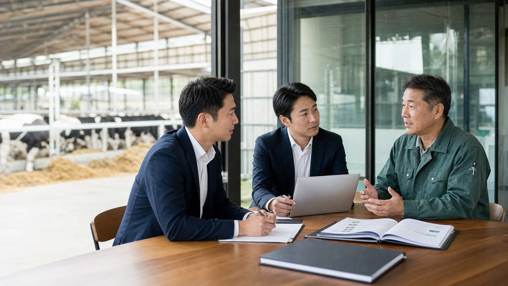 畜産企業の経営者とM&Aアドバイザーが牧場で相談している様子