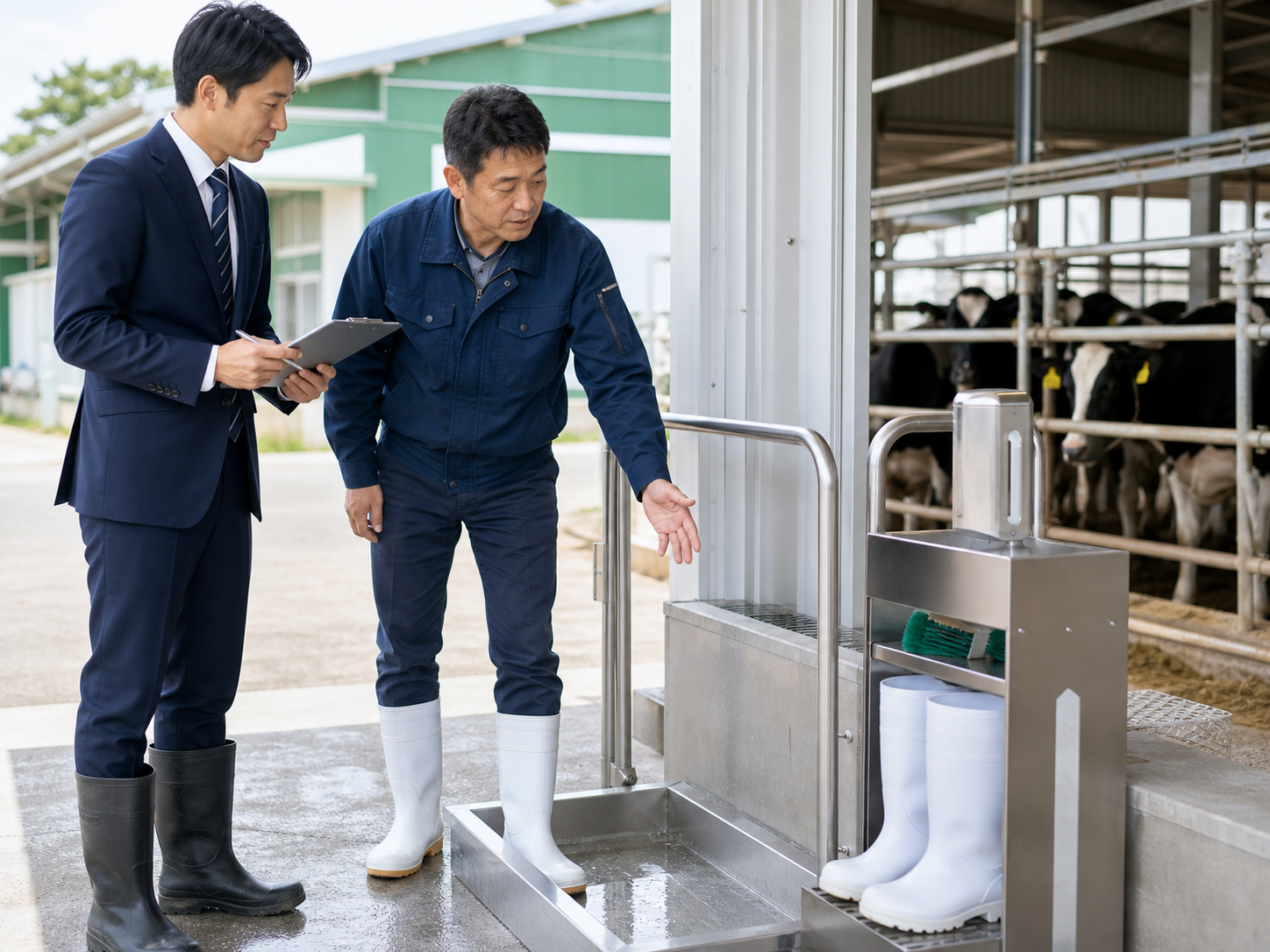 畜産施設の防疫設備を確認する管理者とアドバイザー