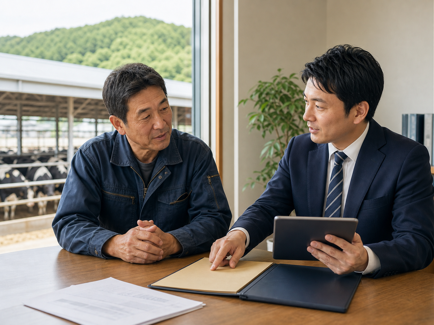 畜産会社の経営者とM&Aアドバイザーが秘密保持前提で相談している様子