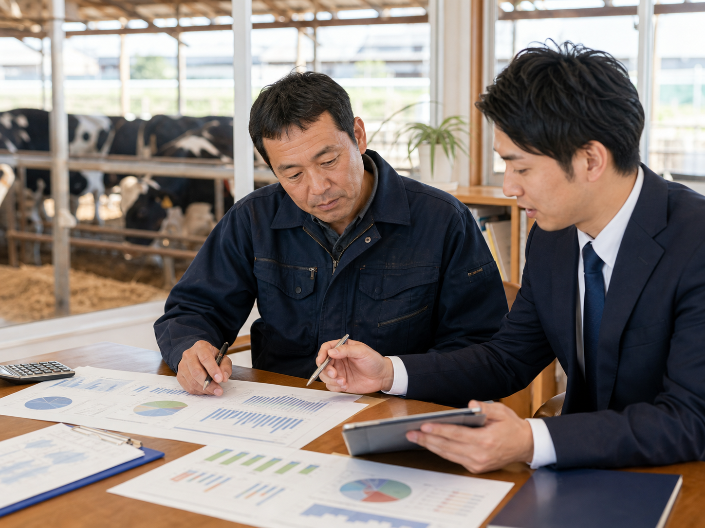 畜産事業の財務資料と生産資料を確認する経営者とアドバイザー
