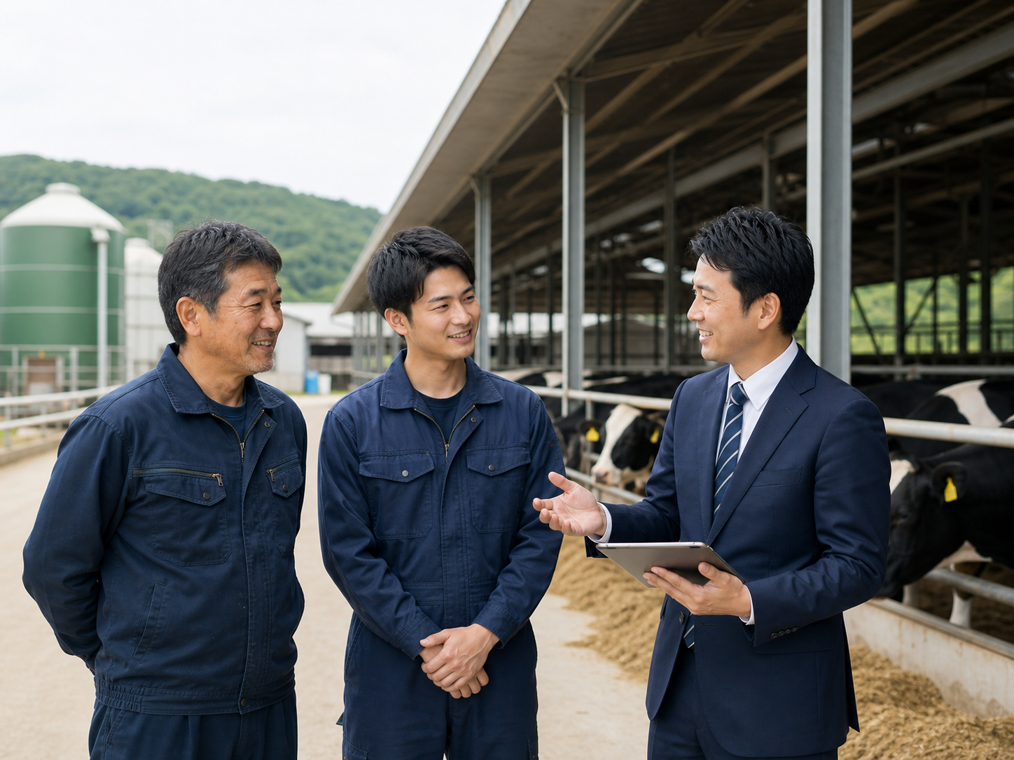 畜産施設の前で従業員承継について話し合う経営者とアドバイザー
