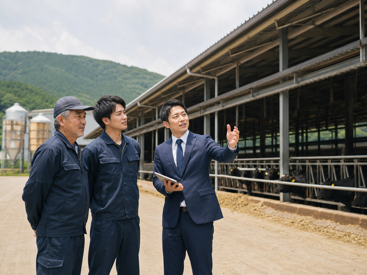 畜産施設の前で承継計画を確認する経営者とアドバイザー