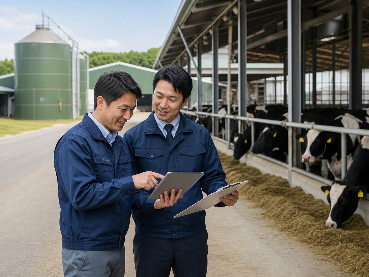 牛舎と飼料設備を確認する畜産事業の担当者