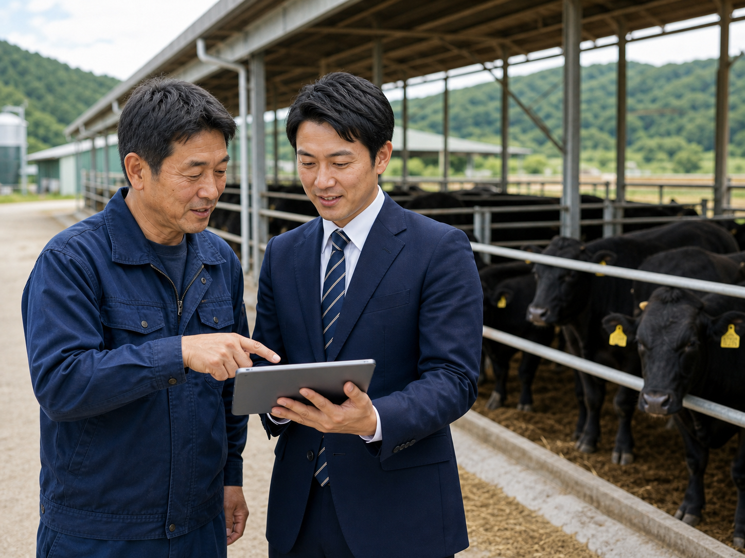 肉牛牧場で牛舎と飼養状況を確認する経営者とM&Aアドバイザー