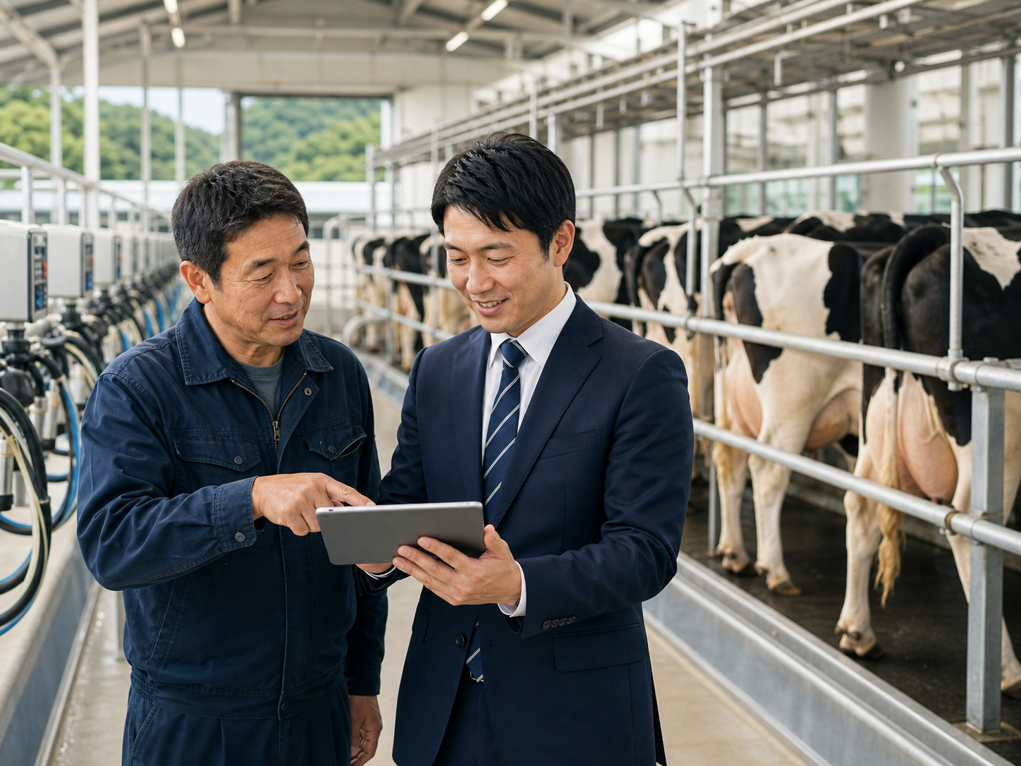 酪農牧場の搾乳設備を確認する経営者とM&Aアドバイザー