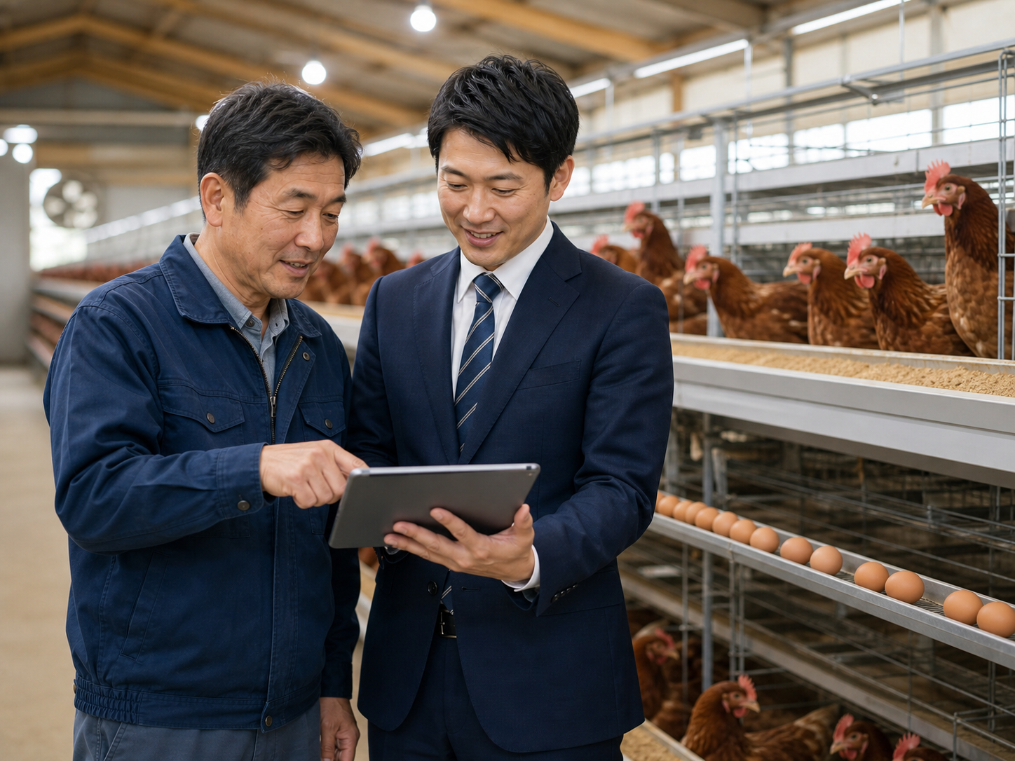 養鶏施設で生産データを確認する経営者とM&Aアドバイザー