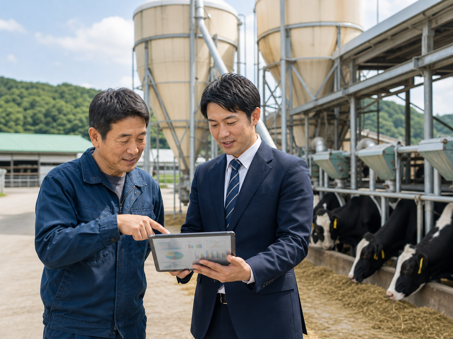 飼料設備の前で投資余力と設備更新を確認する経営者とアドバイザー