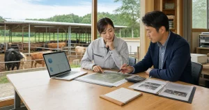 畜産M&A 企業価値を検討する経営者とアドバイザーのイメージ