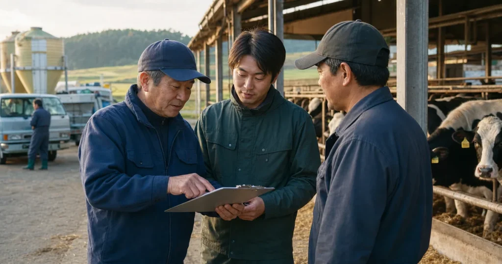 畜産 事業承継で現場の引継ぎを確認する経営者と従業員のイメージ