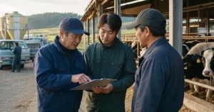 畜産 事業承継で現場の引継ぎを確認する経営者と従業員のイメージ