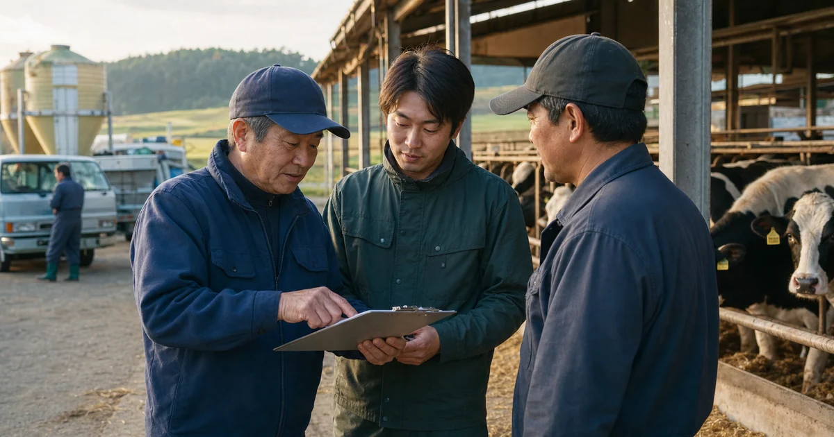 畜産 事業承継で現場の引継ぎを確認する経営者と従業員のイメージ
