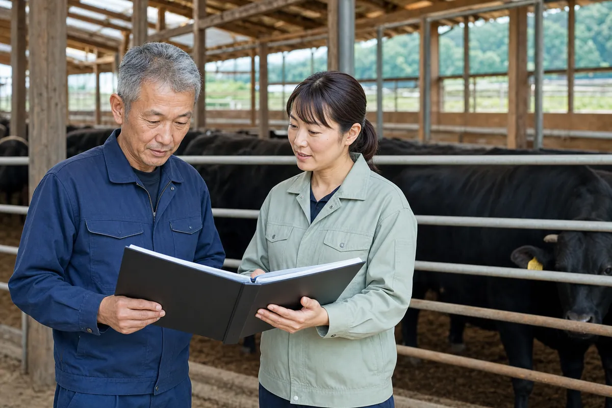 肉牛舎で生産記録を確認する畜産経営者と承継担当者