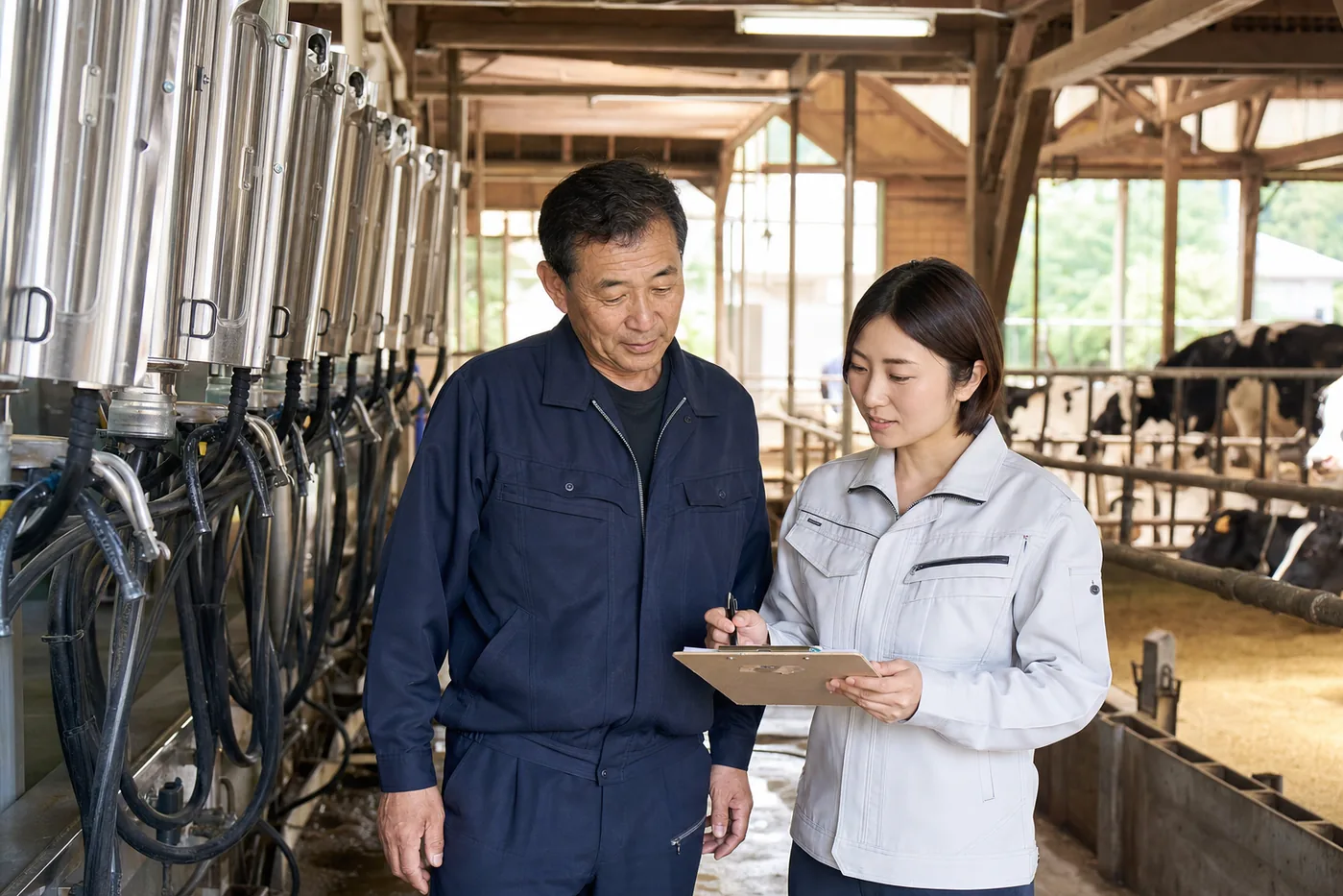 酪農経営者と承継アドバイザーが搾乳設備の状態を確認する様子