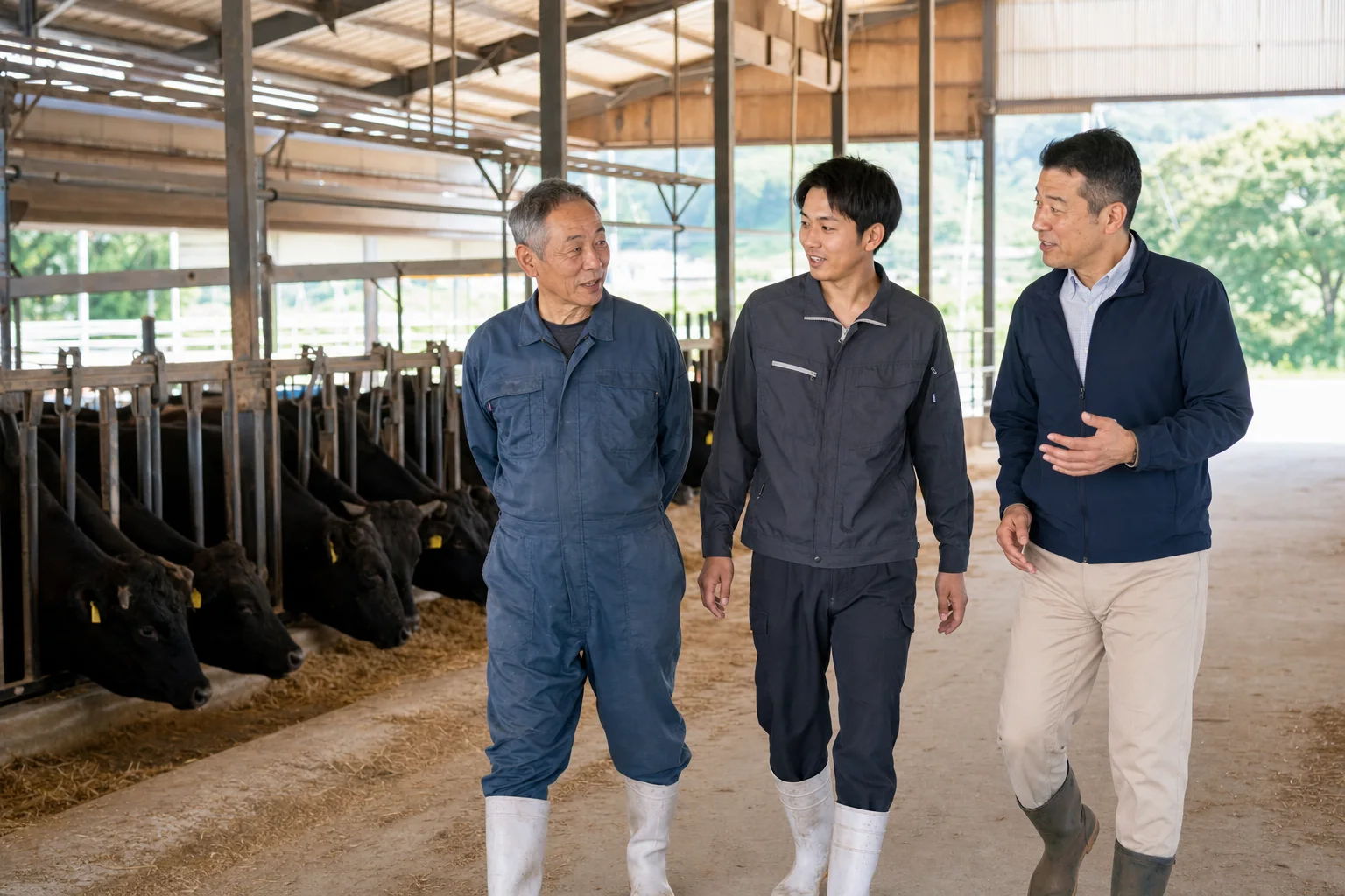 牛舎を歩きながら牧場の将来と事業承継を話し合う経営者と次世代の担い手