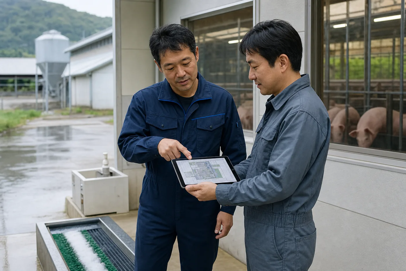 養豚場の経営者と担当者が衛生動線と防疫設備を確認する様子