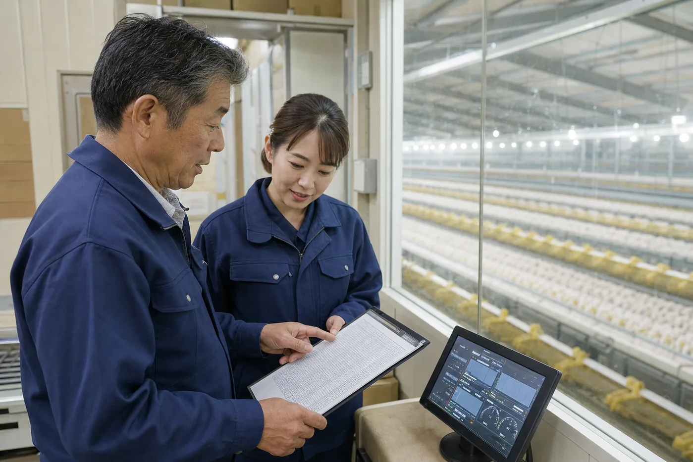 養鶏事業の経営者と担当者が生産データと設備稼働を確認する様子