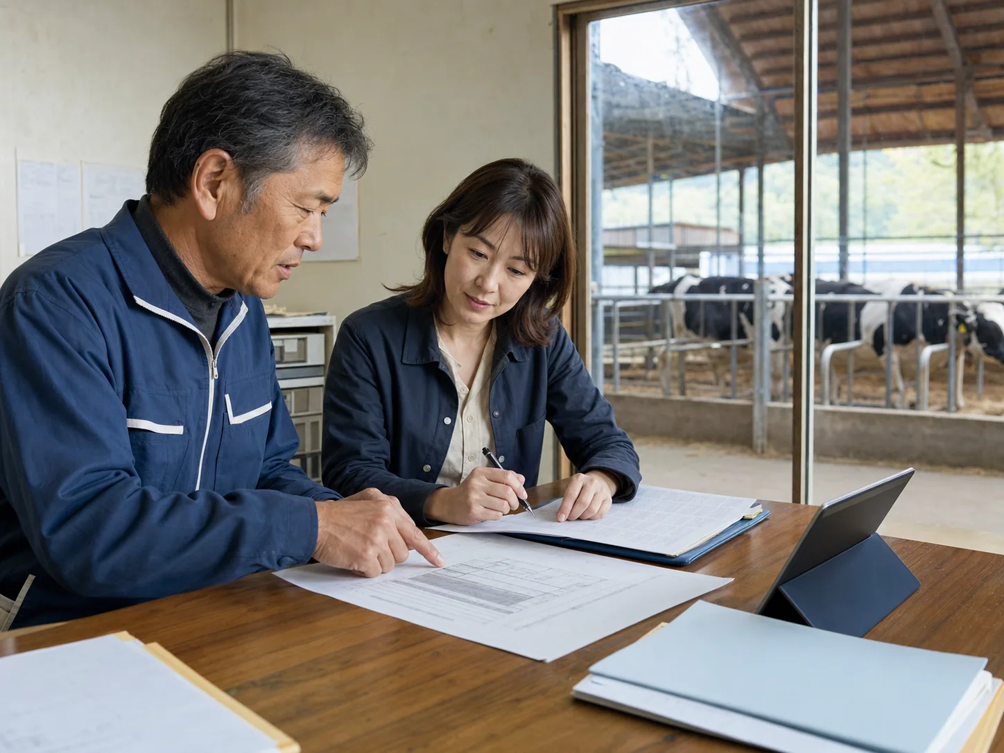 牧場事務所で生産記録と設備資料を確認する畜産経営者と事業承継アドバイザー